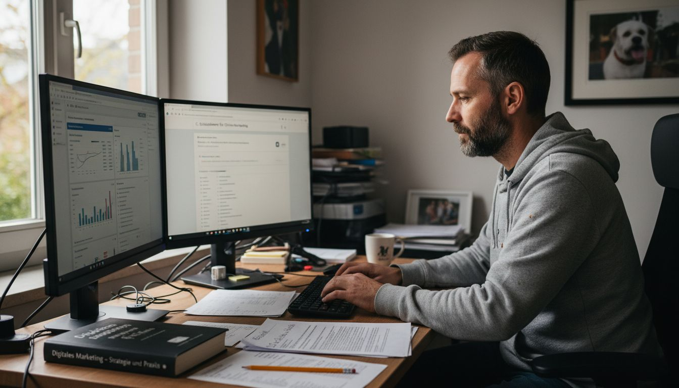 Ein Mann sitzt im Büro und analysiert passende Suchbegriffe für seine nächste Marketingkampagne.