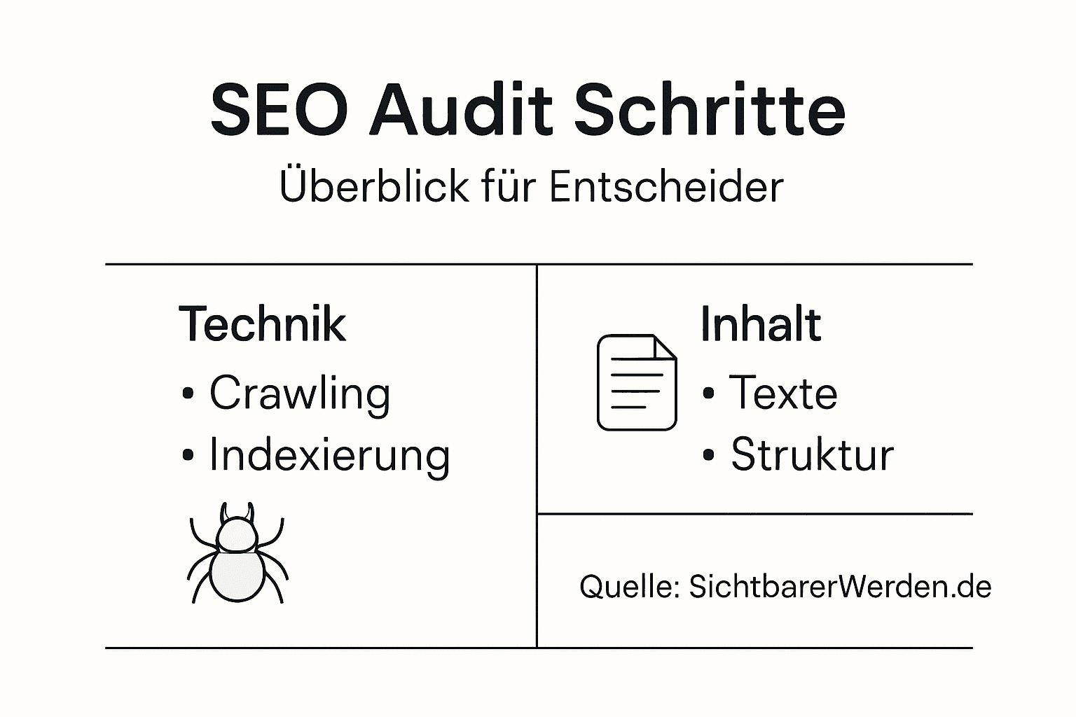 Infografik: Die wichtigsten Schritte für einen erfolgreichen SEO-Audit – kompakt für Entscheider