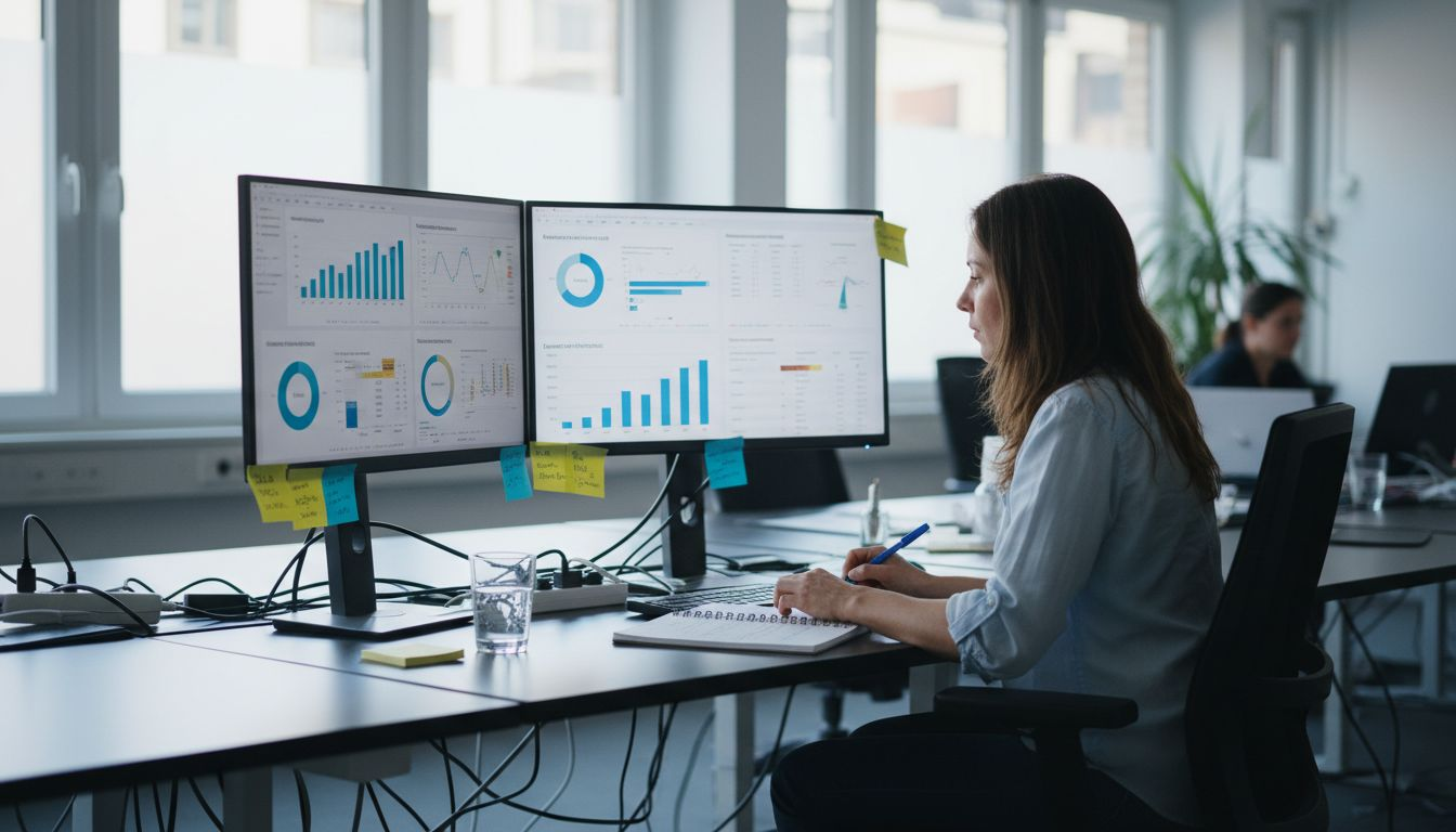 Eine Frau sitzt am Schreibtisch und wertet SEO-Diagramme aus.