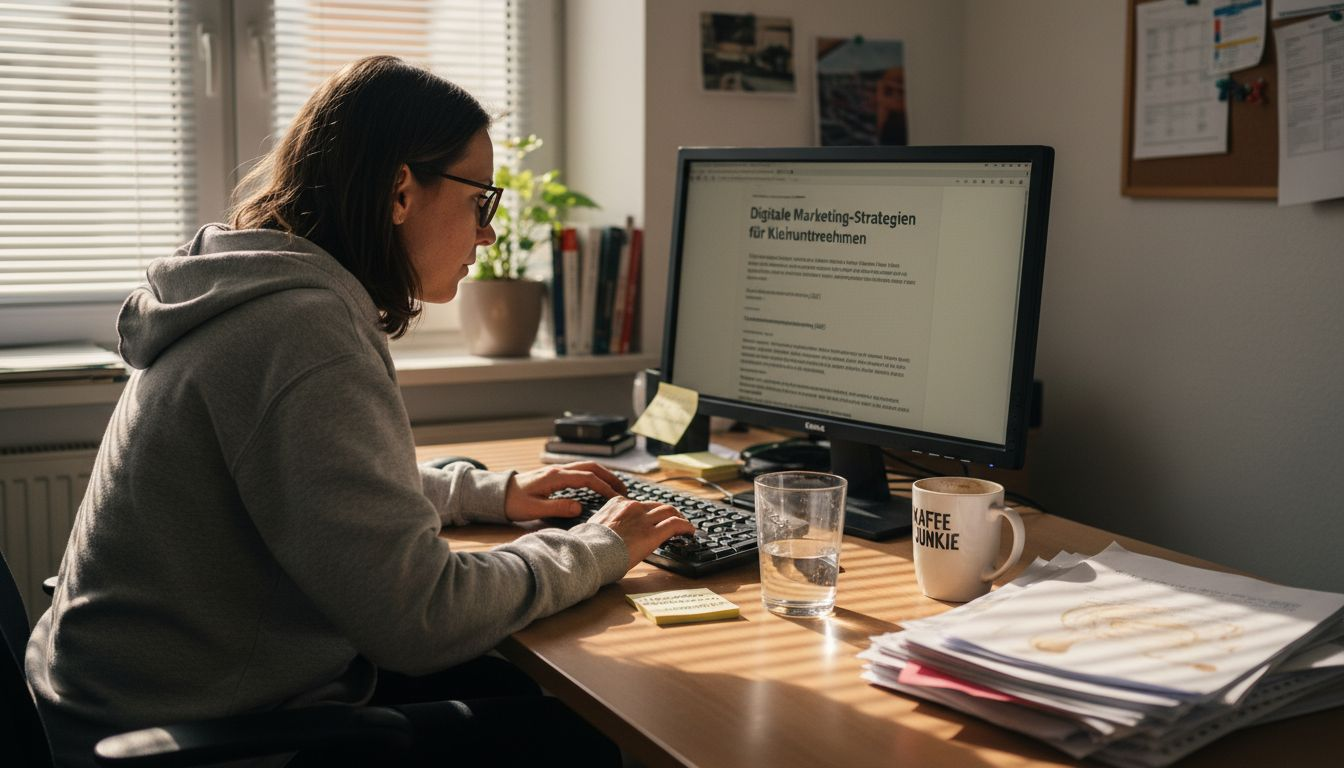 Eine Marketingfachkraft überarbeitet am Schreibtisch im Büro gerade Inhalte.