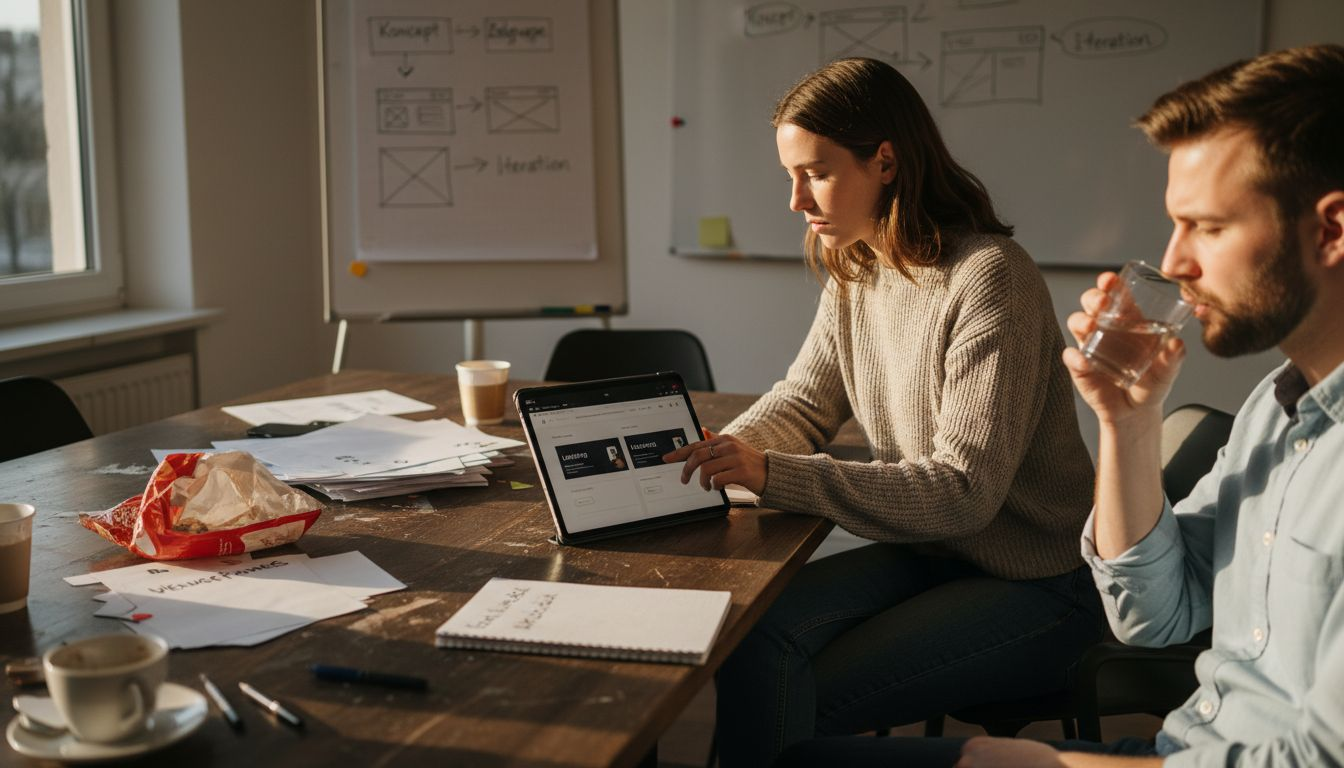 Zwei Designer überprüfen gemeinsam verschiedene Versionen einer Landingpage, um herauszufinden, welche am besten funktioniert.