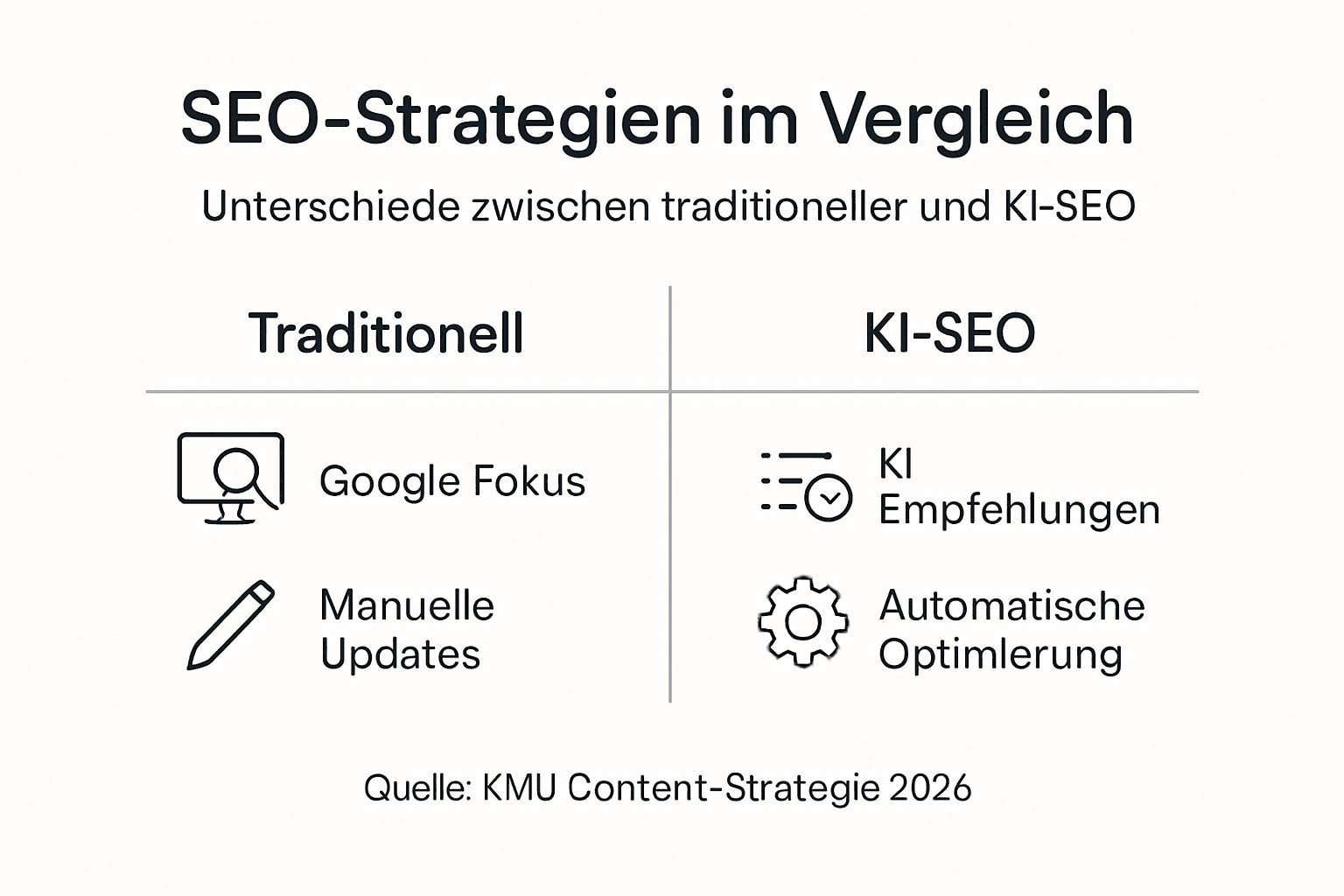 Infografik: Traditionelles SEO vs. KI-gestütztes SEO im direkten Vergleich