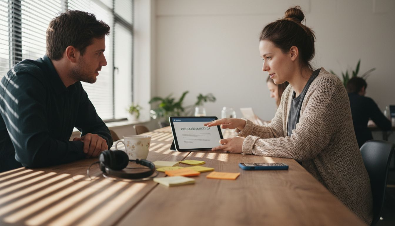 Im kreativen Austausch sitzen Kollegen gemeinsam am Tisch und sammeln Ideen für neue Inhalte.