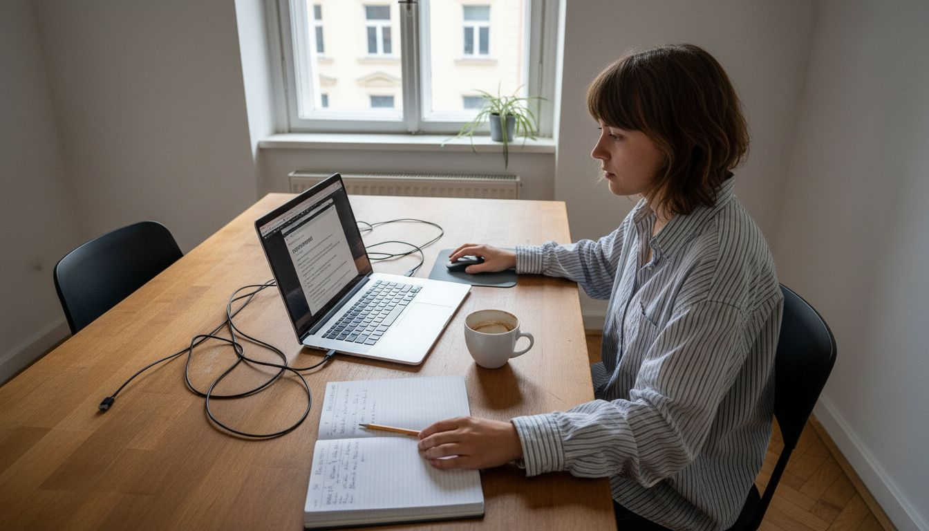 Eine Frau arbeitet am Laptop und erstellt mithilfe von KI kreative Inhalte.