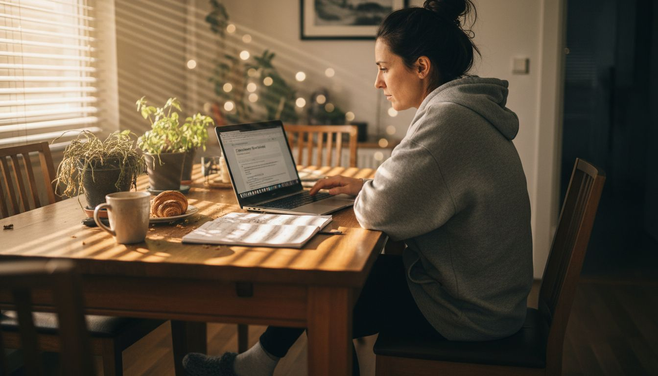 Eine Frau sitzt an ihrem Schreibtisch zu Hause und recherchiert nach passenden Suchbegriffen.