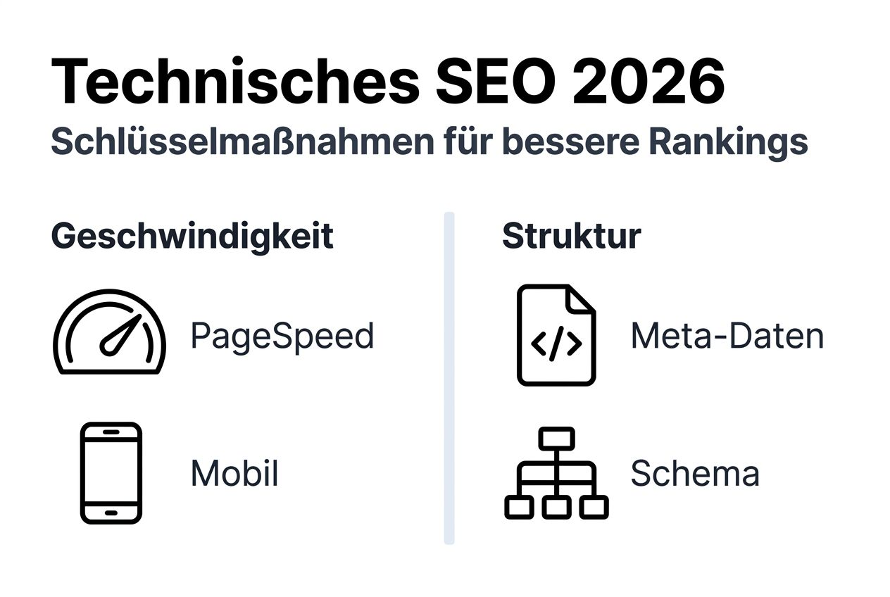 Übersichtsgrafik mit den wichtigsten Aspekten rund um technisches SEO und OnPage-Optimierung