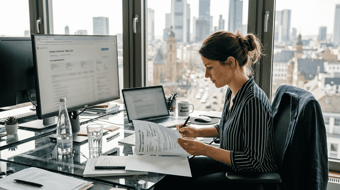Ein Marketingexperte sitzt am Schreibtisch und analysiert, wie Google bei der Auswahl von Suchergebnissen vorgeht.