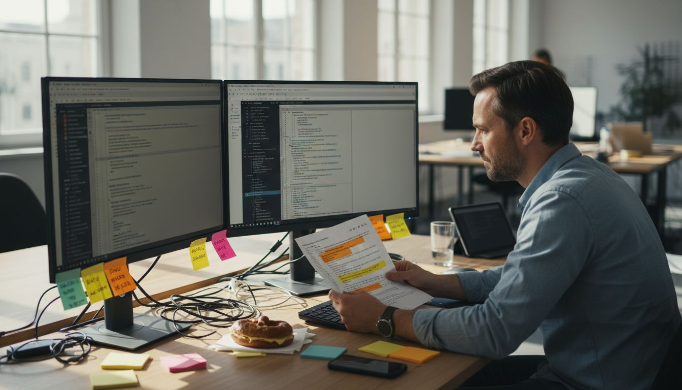 Ein SEO-Manager sitzt am Schreibtisch und überarbeitet die strukturierten Daten einer Website.