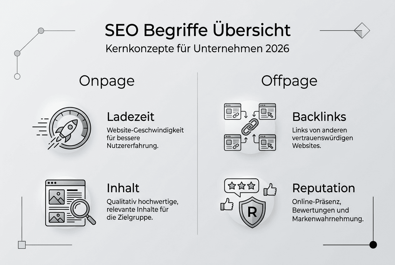Übersichtsgrafik zu den wichtigsten SEO-Begriffen rund um Onpage- und Offpage-Optimierung