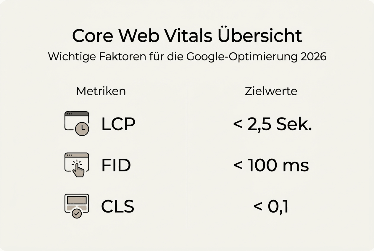 Übersichtsgrafik: Die wichtigsten Core Web Vitals Kennzahlen und ihre optimalen Zielwerte auf einen Blick