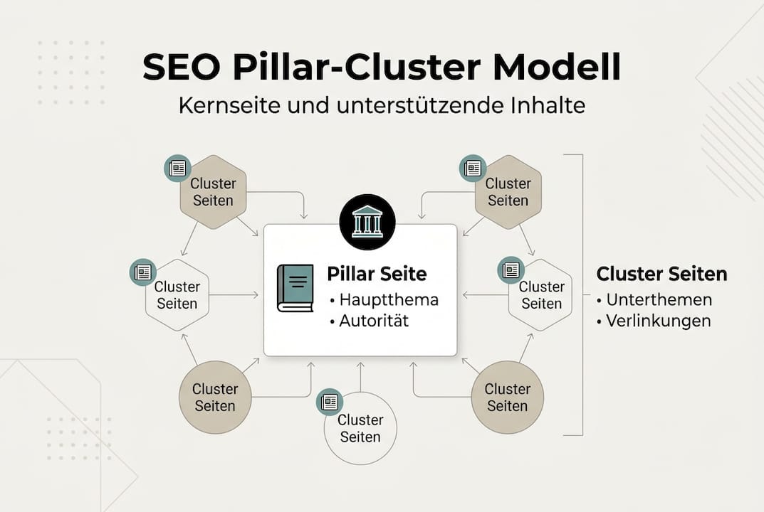 Die Infografik veranschaulicht das SEO-Pillar-Cluster-Modell auf einen Blick.