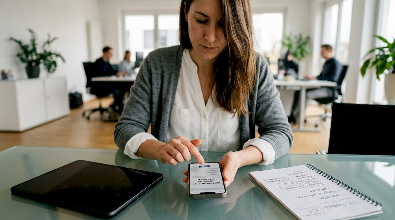 Eine Frau sitzt am Tisch und testet eine mobile Webseite auf ihrem Smartphone.