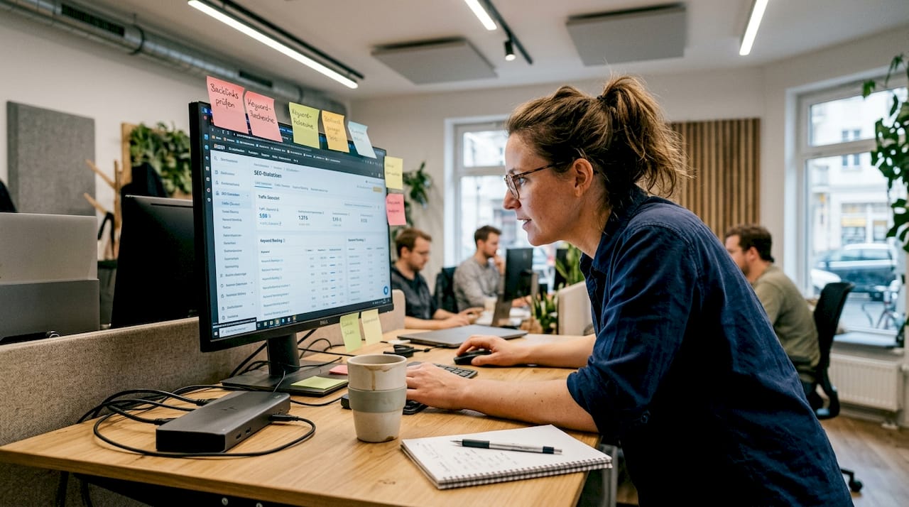 Ein Mitarbeiter analysiert am Schreibtisch die aktuellen SEO-Kennzahlen.