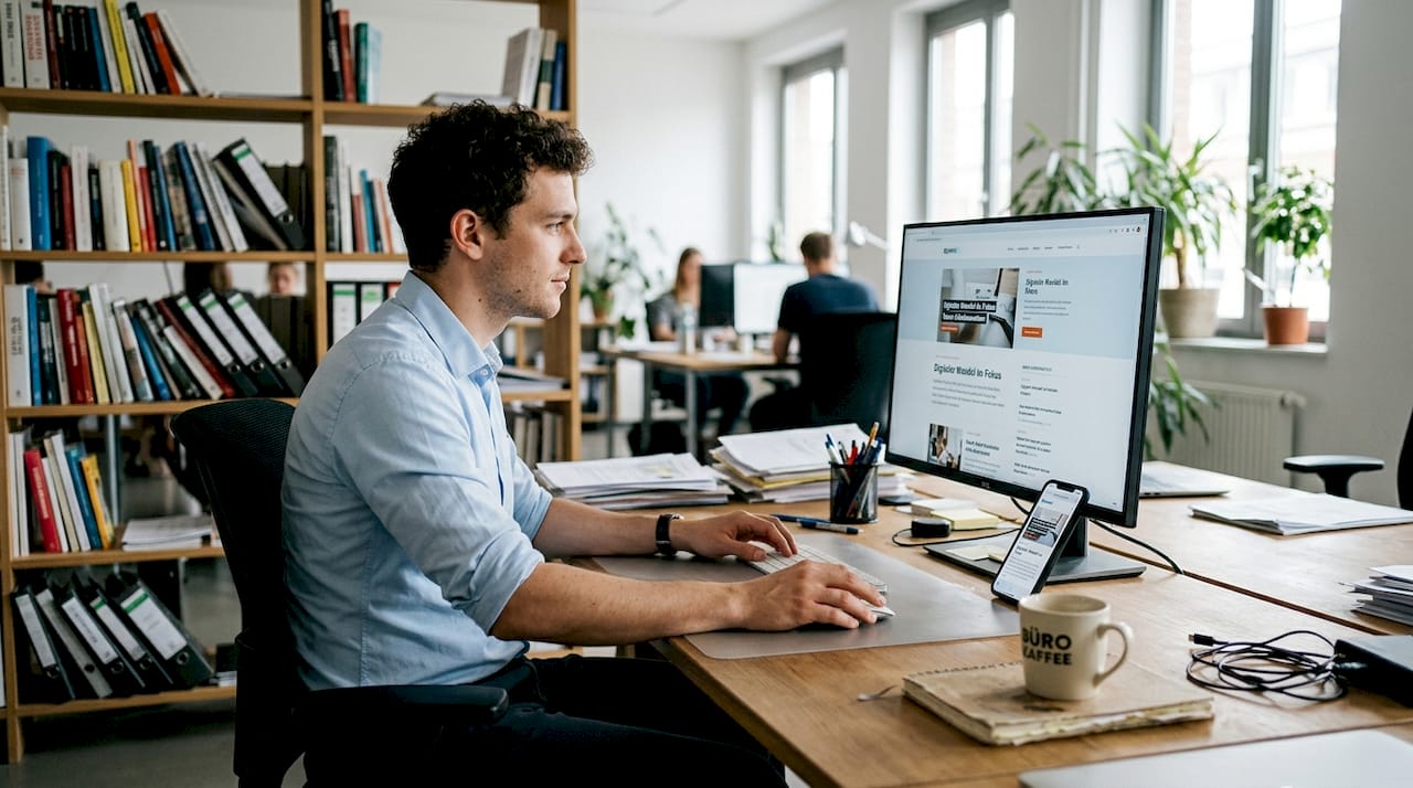 Ein Mann prüft, wie eine Webseite auf dem PC und dem Smartphone dargestellt wird.