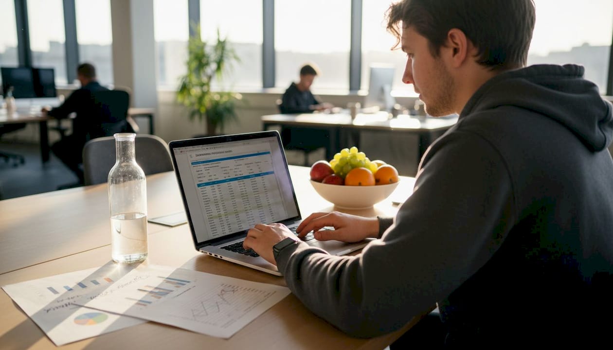 Ein Analyst prüft und bewertet Suchanfragen am Laptop.