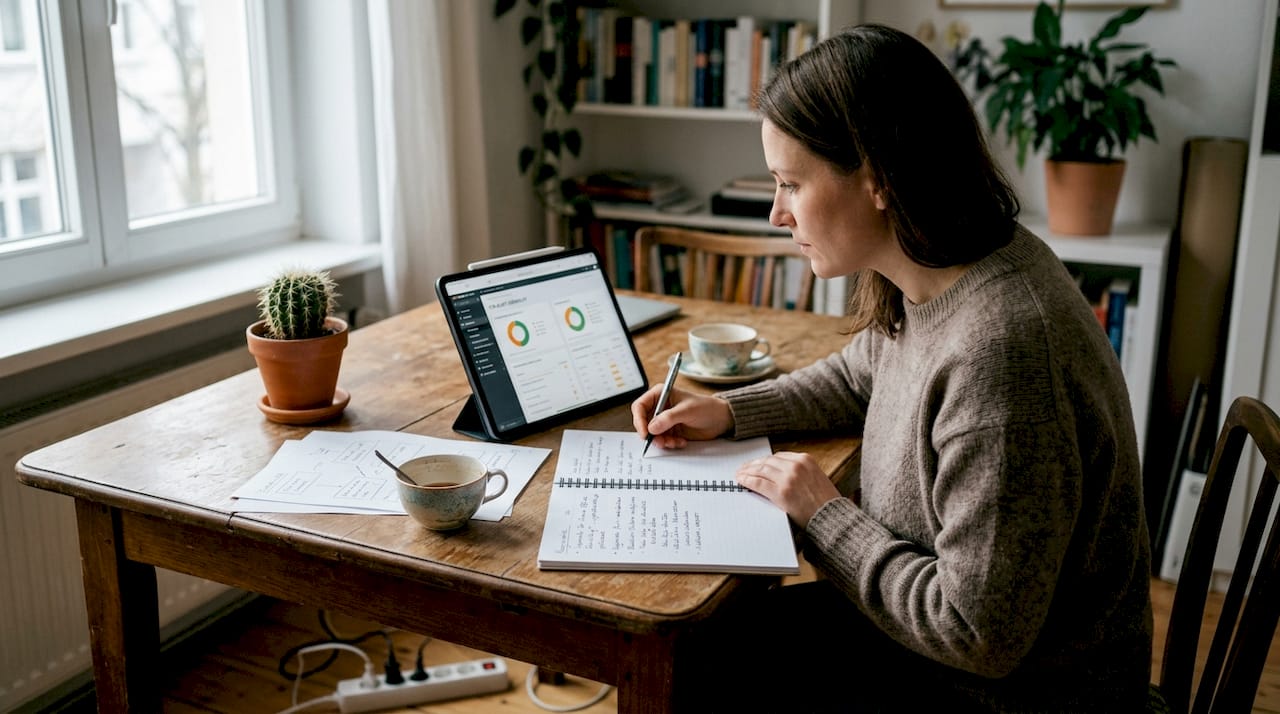 Eine Frau macht sich im Homeoffice Notizen zu ihren SEO-Strategien.