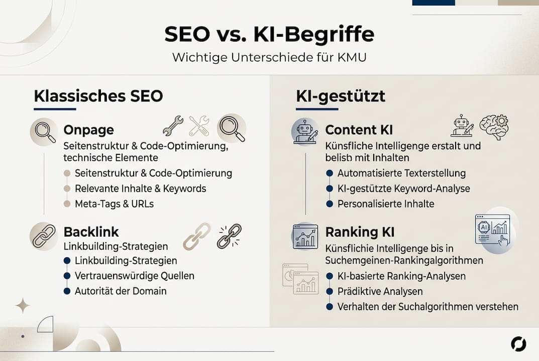 Infografik: SEO- und KI-Fachbegriffe im direkten Vergleich