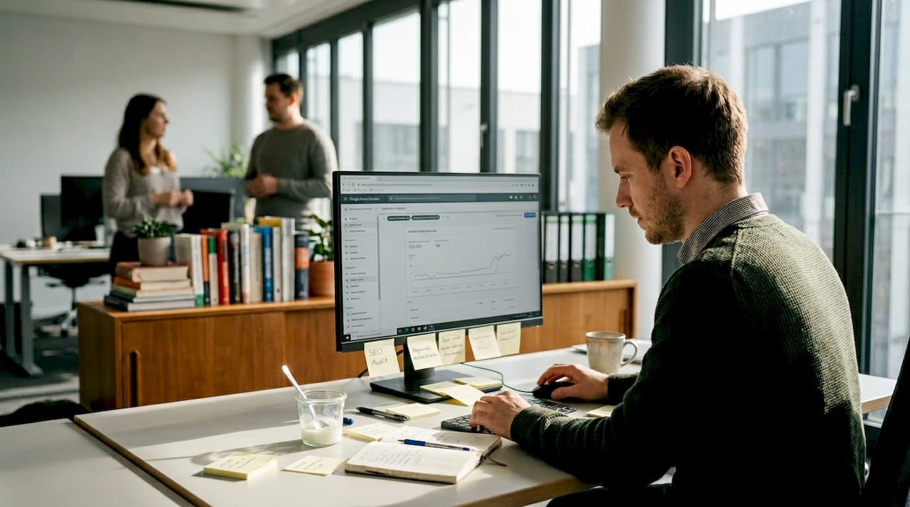 Ein SEO-Experte analysiert am Schreibtisch die Optimierung einer Website.