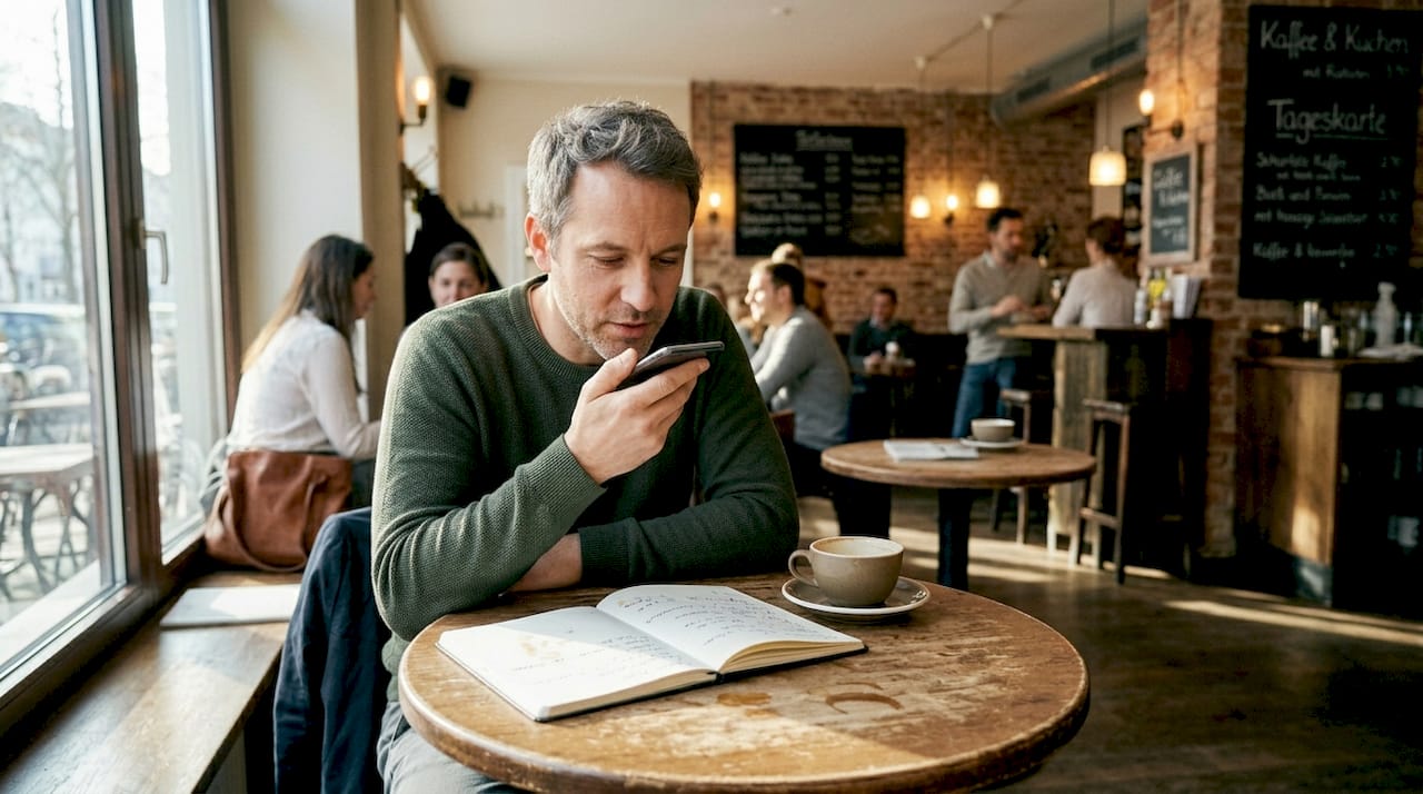 Ein Gast im Café sucht per Sprachfunktion nach Informationen in seiner Umgebung.