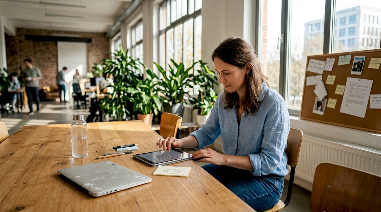 Eine Frau sitzt am Tisch, scrollt auf ihrem Tablet und hat dabei eine Notiz mit dem Stichwort SEO vor sich liegen.