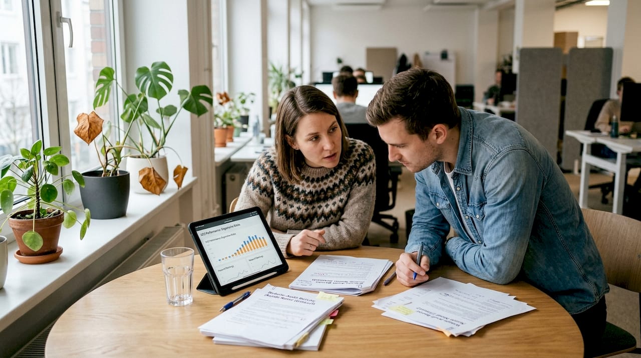 Zwei Kollegen tauschen sich am Tisch über ihre SEO-Strategie aus.