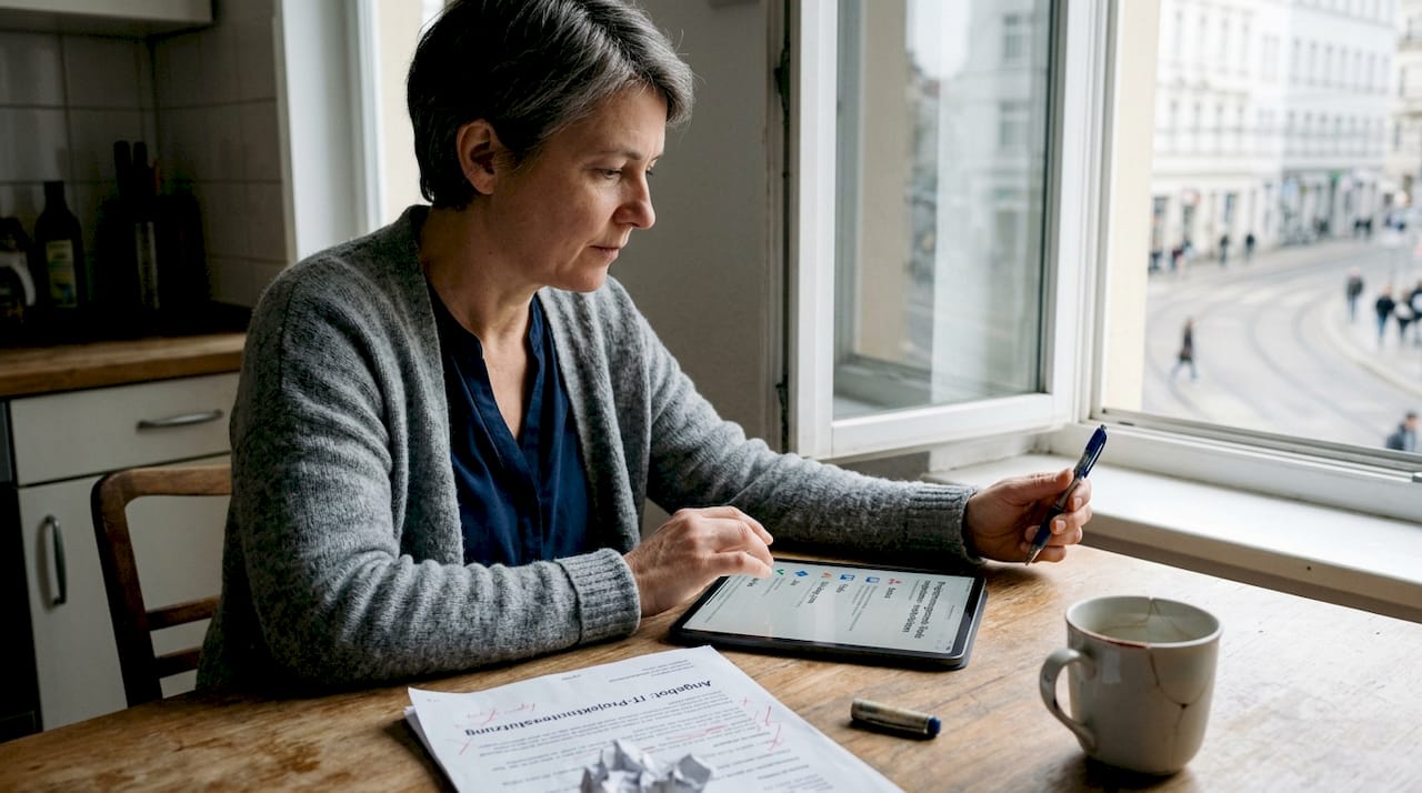 Eine Handwerkerin prüft verschiedene Softwarelösungen direkt auf ihrem Tablet.