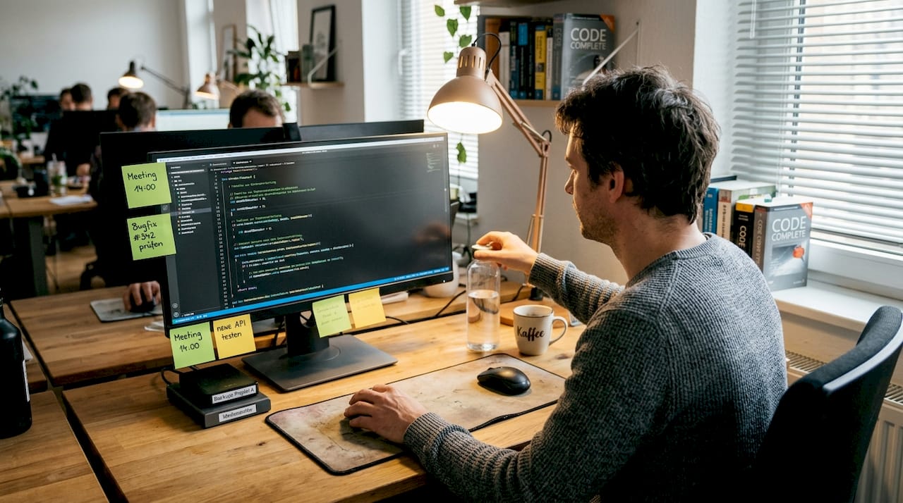 Ein IT-Experte überprüft am Schreibtisch den Quellcode einer Webseite.