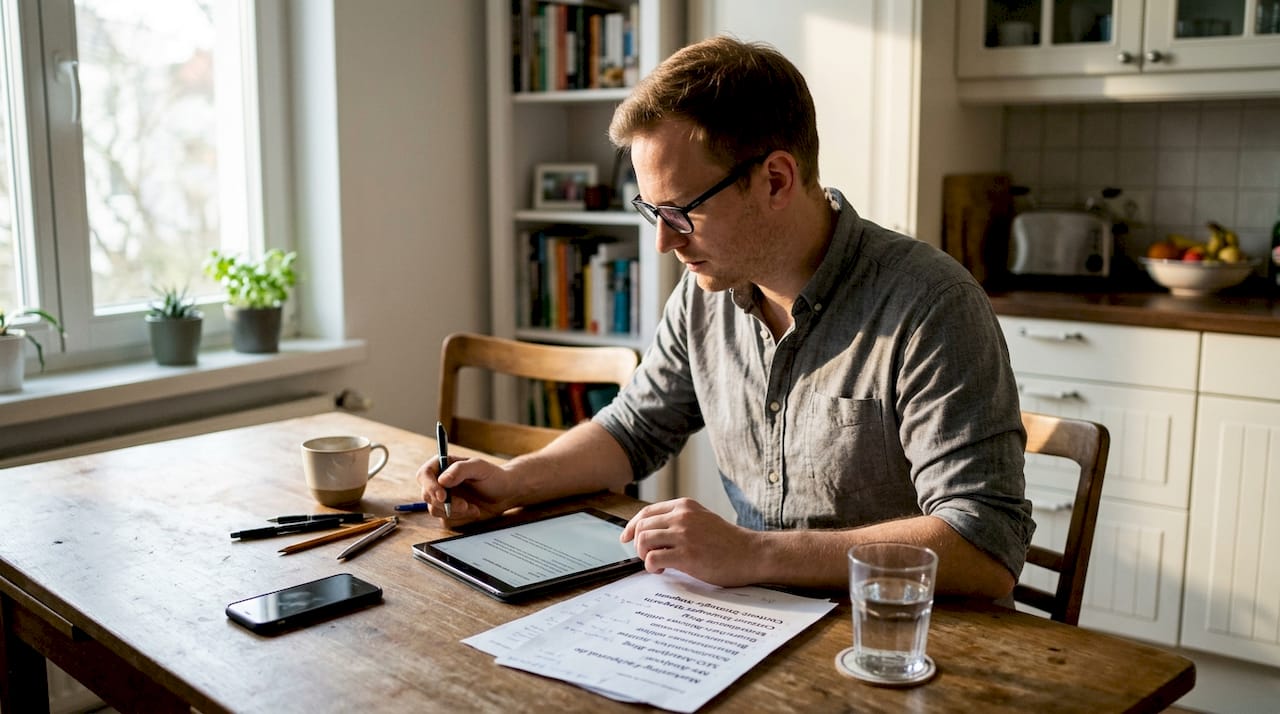 Ein Mann sitzt am Küchentisch und verfasst eine E-Mail, um neue Kontakte zu knüpfen.