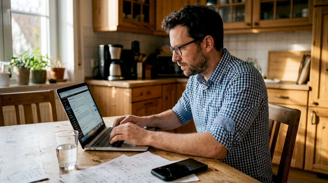Ein Mann sitzt am Schreibtisch und verfasst einen Blogartikel für kleine und mittlere Unternehmen.