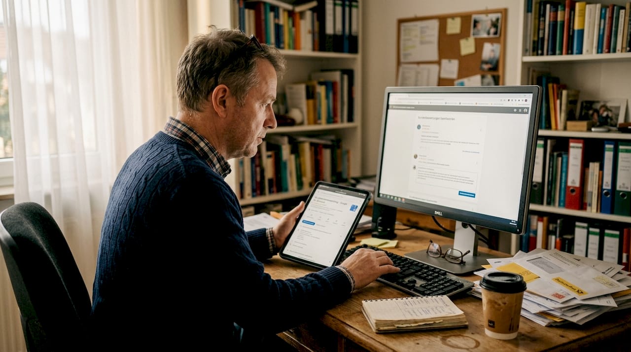 Der Unternehmer kümmert sich um die Pflege seiner Online-Präsenz und reagiert auf Kundenbewertungen.