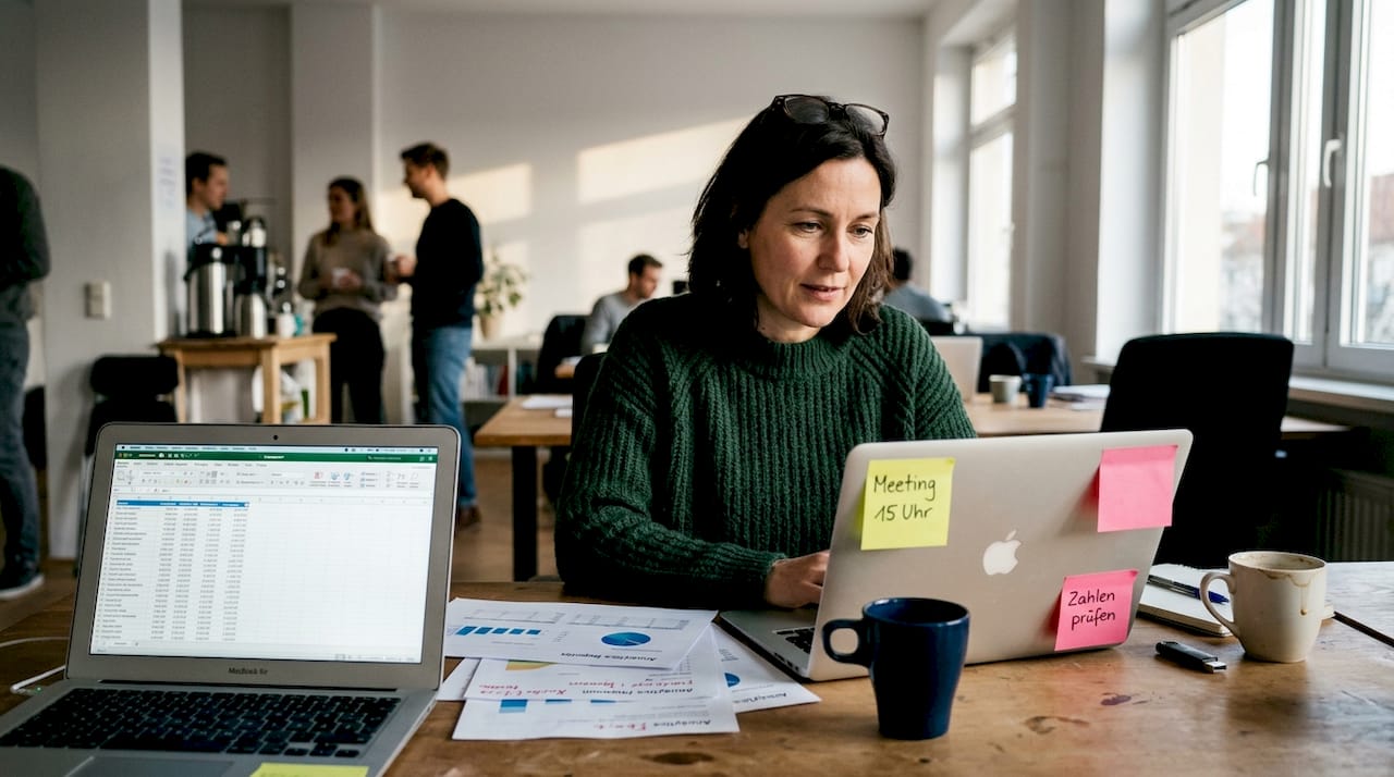Eine Frau analysiert die Website-Daten an einem Gemeinschaftsarbeitsplatz.