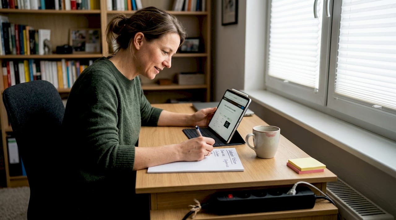 Eine Frau sitzt am Schreibtisch und überprüft, wie schnell eine Webseite geladen wird.