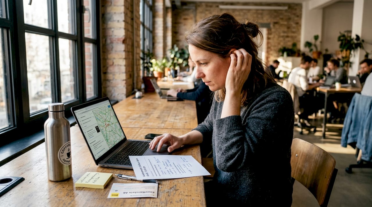 Eine Frau arbeitet in einem Coworking-Space und behält dabei die lokale Suchmaschinenoptimierung im Blick.