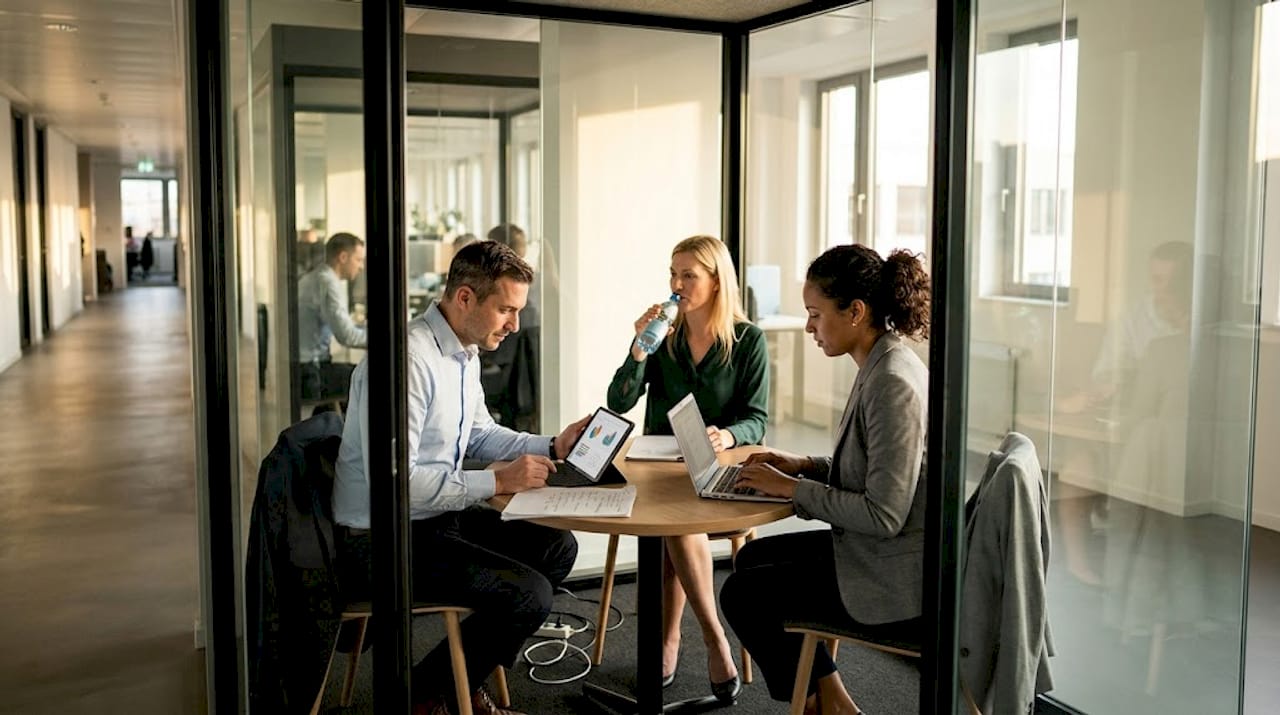 Ein Team bespricht die Ergebnisse der Landingpage gemeinsam am Tablet.