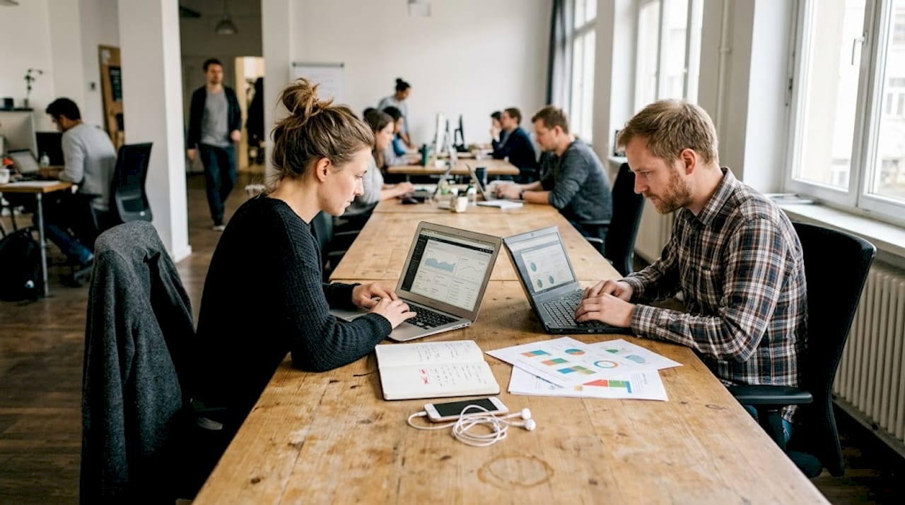 Zwei Kollegen besprechen im Büro die Ergebnisse eines Content-Audits.