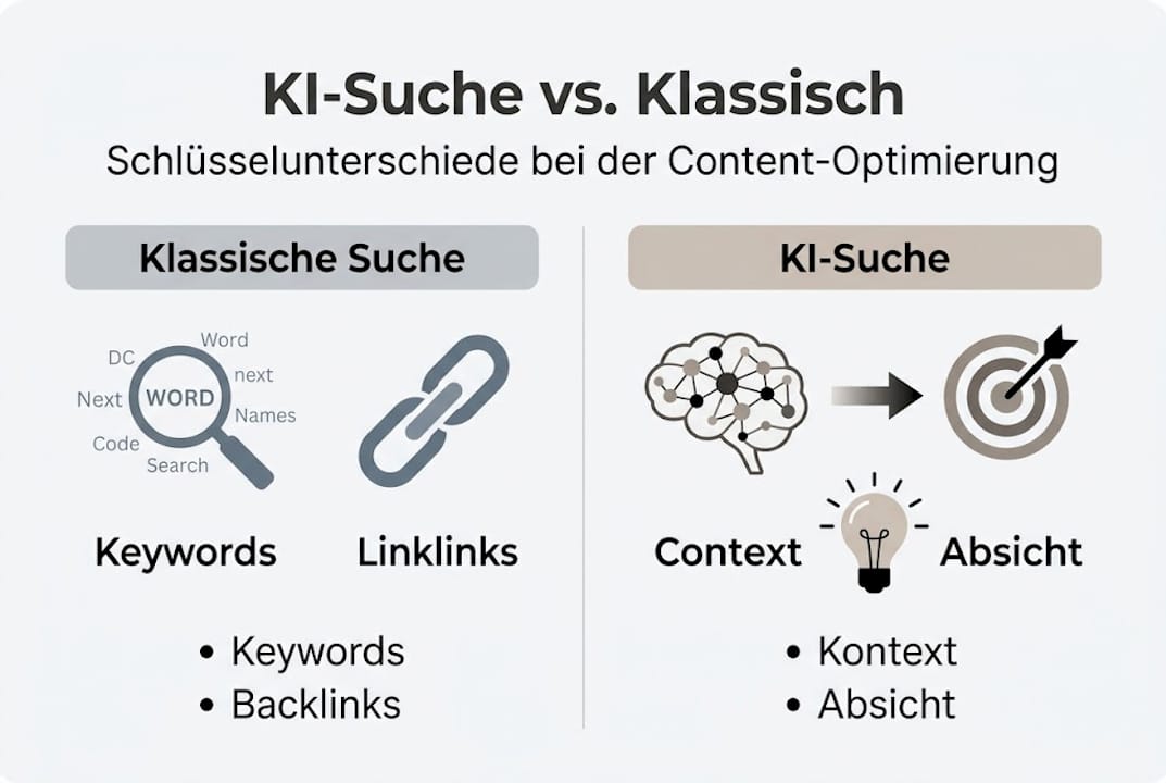 Infografik zeigt die Unterschiede zwischen herkömmlicher Suche und KI-gestützter Suche auf