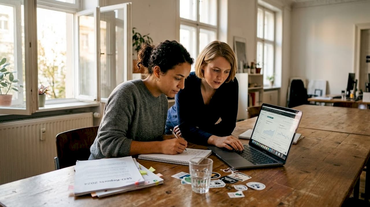 Zwei Frauen arbeiten gemeinsam an einer SEO-Strategie