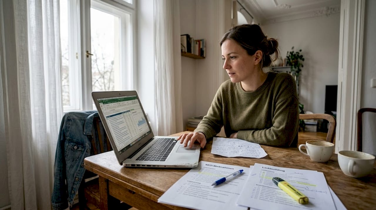 Am Wohnzimmertisch sitzt eine Frau und nimmt die Backlinks ihrer Webseite ganz genau unter die Lupe.