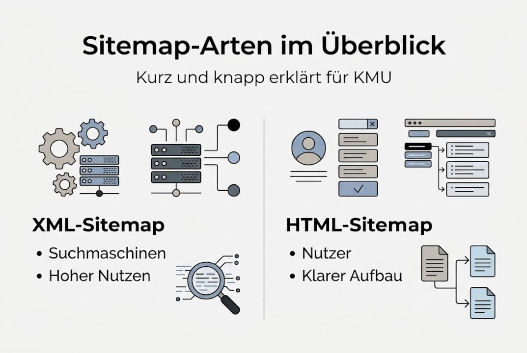 Die Infografik gibt einen Überblick über verschiedene Arten von Sitemaps, die besonders für kleine und mittelständische Unternehmen relevant sind.