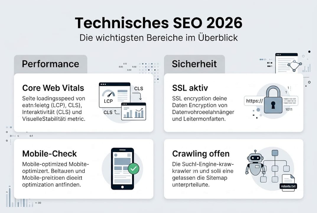 Diese Infografik gibt einen Überblick über die wichtigsten Bereiche im technischen SEO für das Jahr 2026.