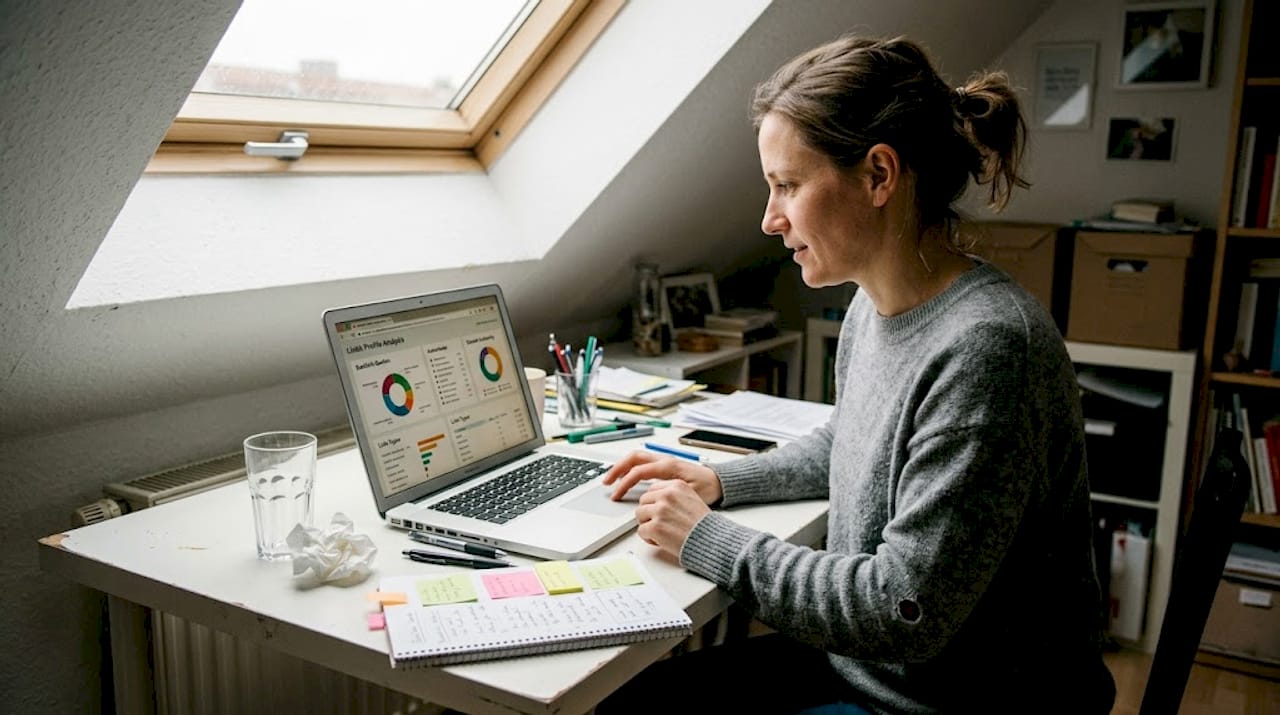 Eine Frau prüft im Homeoffice das Backlinkprofil ihrer Website.