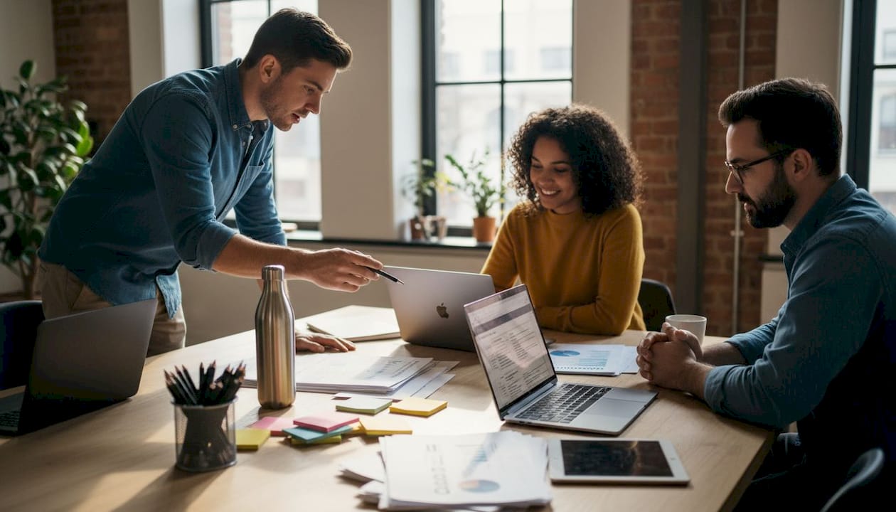 Das Team sitzt gemeinsam am Tisch und bespricht Strategien zur Suchmaschinenoptimierung.