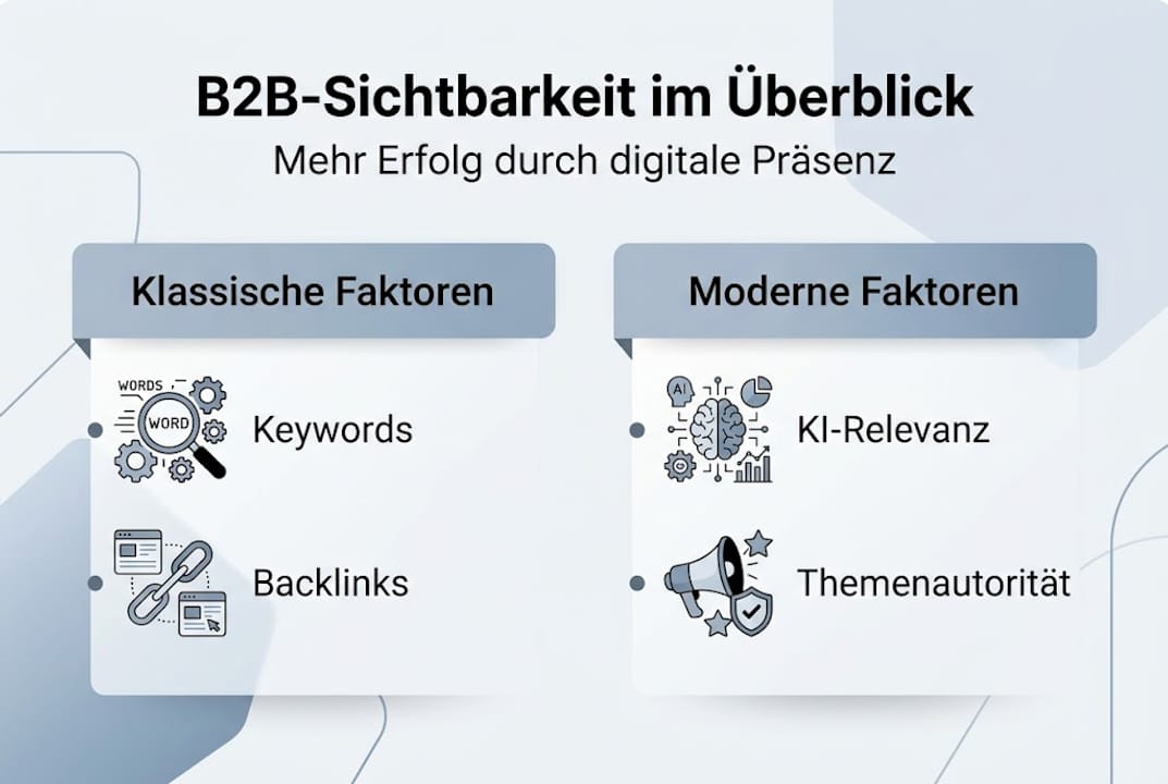 Infografik: Was beeinflusst die Sichtbarkeit im B2B-Bereich? Traditionelle Ansätze und neue Trends im Überblick.