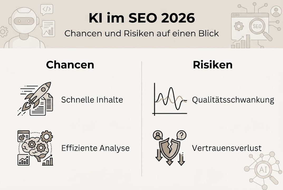 Grafik: Chancen und Herausforderungen von KI im SEO auf einen Blick