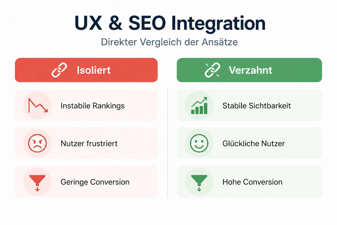 Vergleichsgrafik: Ganzheitliche UX-SEO-Strategie vs. Einzelmaßnahmen