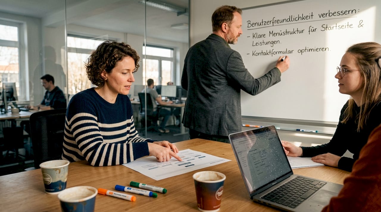 Ein kleines Team bespricht im Meeting den Aufbau der Website.