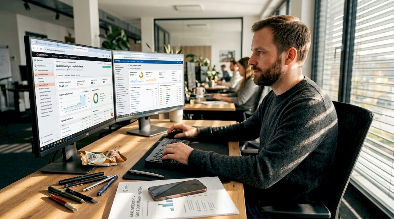 Ein SEO-Experte arbeitet konzentriert am Schreibtisch und setzt verschiedene Tools gezielt ein, um optimale Ergebnisse zu erzielen.