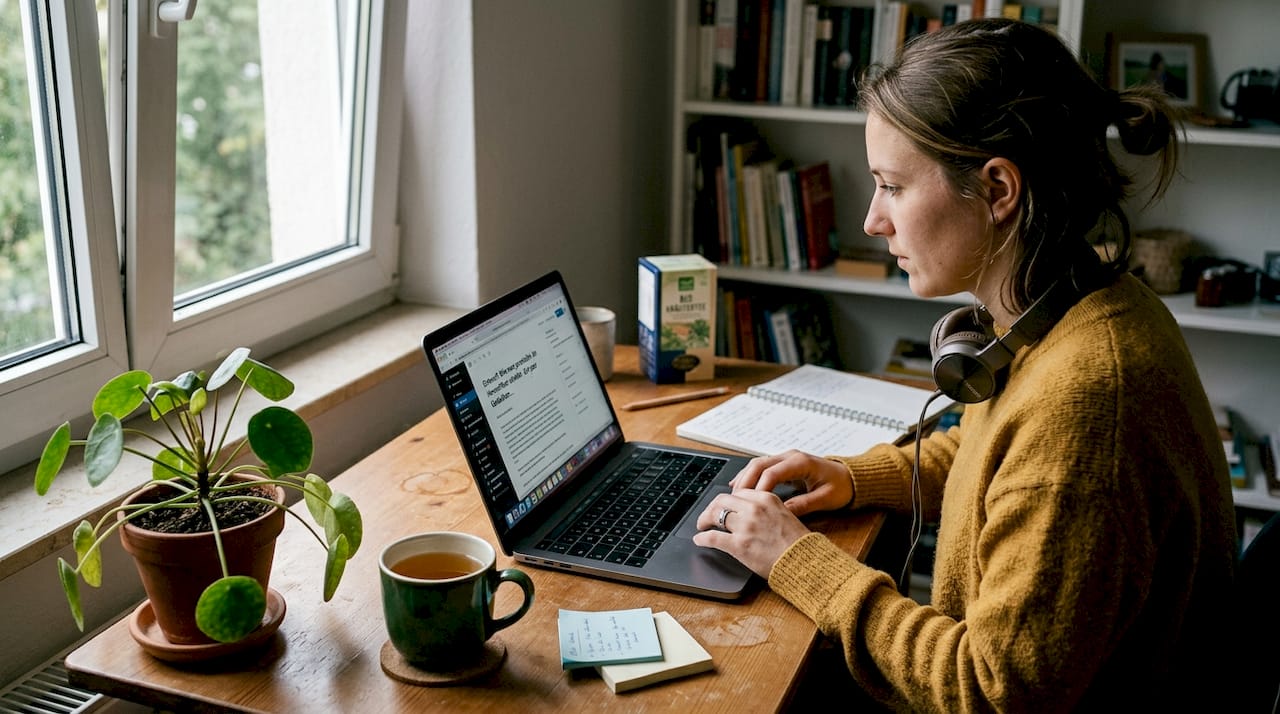Eine Frau arbeitet an ihrem Schreibtisch im Homeoffice und erstellt kreative Inhalte.