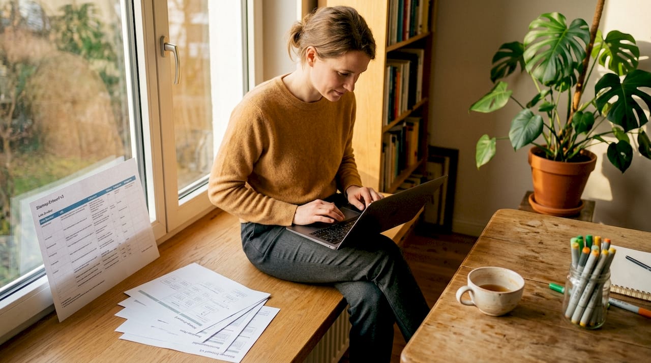 Mit Laptop und ausgedruckten Unterlagen die Webseitenstruktur unter die Lupe nehmen.