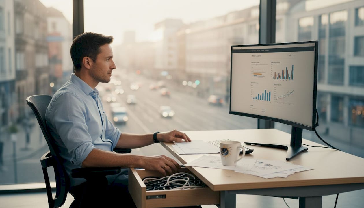 Ein IT-Manager arbeitet konzentriert daran, die Firmenwebsite inmitten eines geschäftigen Büroalltags zu optimieren.